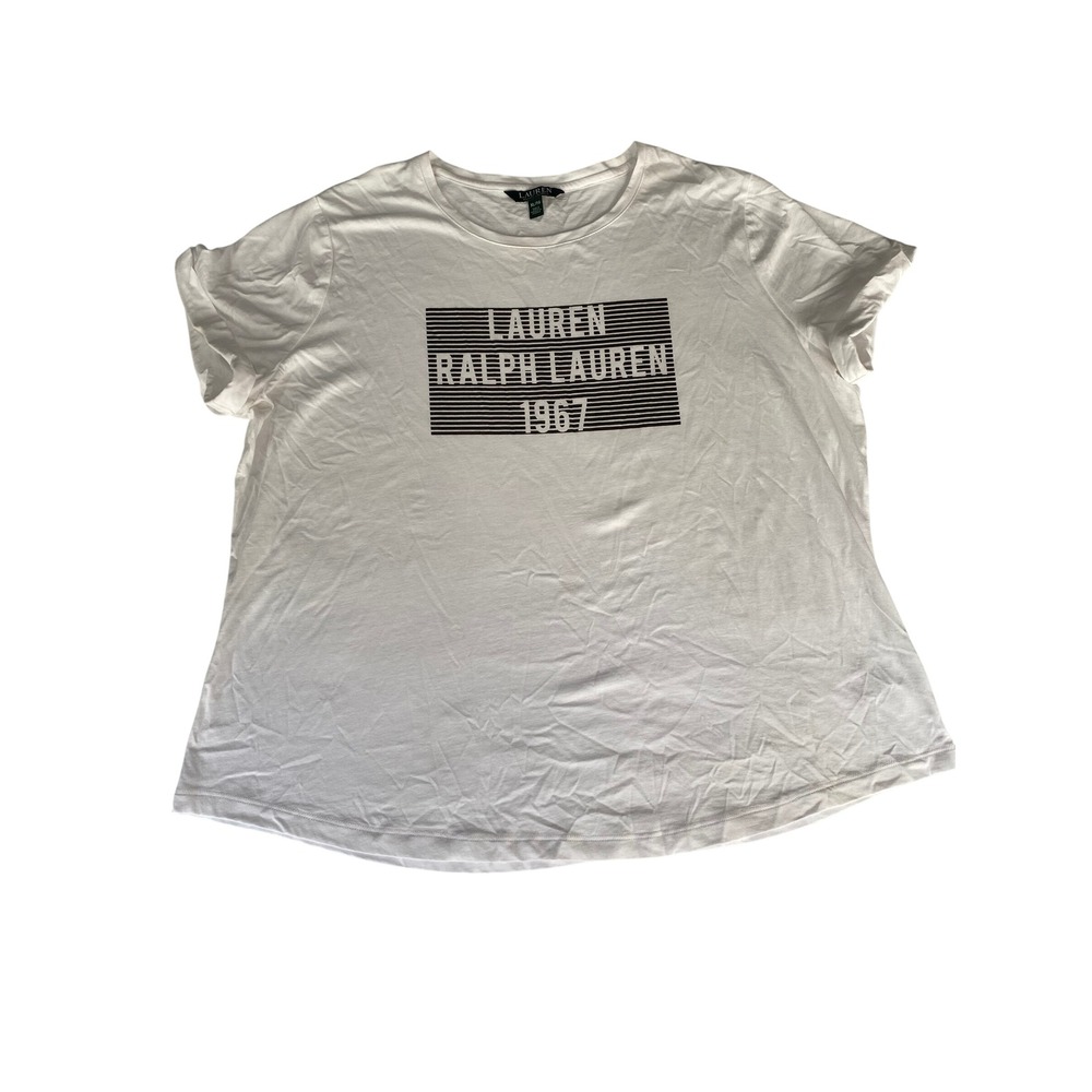 Lauren Ralph Lauren Women White Graphic T-Shirt XL 1967 Logo Short Sleeve Cotton
